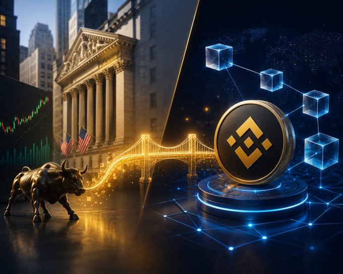 The image depicts a split composition featuring traditional Wall Street imagery—a neoclassical stock exchange building, American flags, a bronze bull statue, and candlestick charts—on the left, connected by a glowing bridge to a digital, blockchain-inspired scene on the right showcasing a Binance (BNB) coin emblem on a holographic pedestal alongside glowing blue data cubes and network nodes, visually symbolizing Binance's "bStocks" concept of bridging conventional equity markets with tokenized blockchain technology.