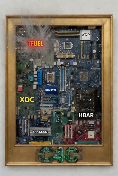 C4C branded framed artwork featuring a computer motherboard with various cryptocurrency labels including TFUEL, XRP, XDC, THETA, HBAR, and CHAINLINK overlaid on the components.