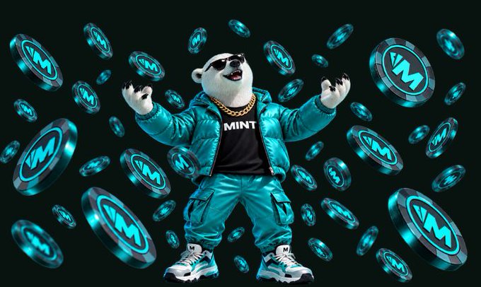 A 3D rendered panda mascot wearing sunglasses, a teal puffer jacket, and 'MINT' branded shirt, surrounded by floating teal coins marked with 'M'.