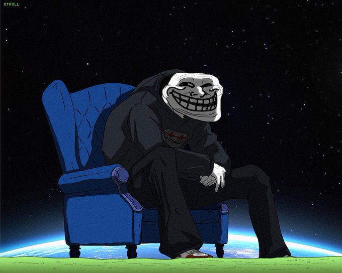 The image depicts the iconic "Trollface" meme character dressed in a black hoodie, casually lounging on a blue armchair while floating above Earth against a starry cosmic backdrop, with "$TROLL" written in the upper-left corner. It cleverly illustrates the post's message about $TROLL being a long-term "bluechip" crypto investment—patience and calm confidence will reward holders with a 10 billion milestone, much like the troll serenely waiting in the cosmos.