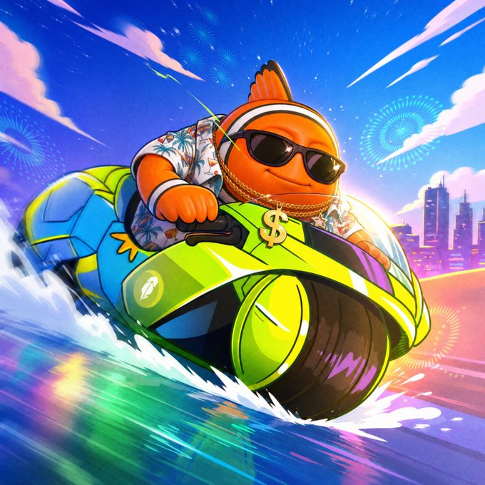 A vibrant cartoon illustration of an orange fish character wearing sunglasses, gold chains, and a floral shirt riding a green jet ski across water with a cityscape and fireworks in the background.