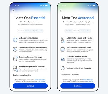 Two mobile app screens side-by-side comparing 'Meta One Essential' ($24.99) and 'Meta One Advanced' ($10.99) subscription tiers, listing features like verified badges, impersonation protection, and Instagram access.