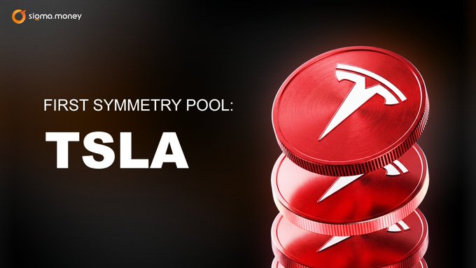 A promotional graphic from sigma.money titled 'FIRST SYMMETRY POOL: TSLA,' showing stacked red coins with the Tesla logo.