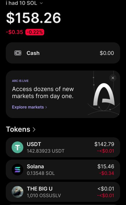 A Phantom wallet screenshot shows a portfolio value of $158.26 (-0.22%), down $0.35, holding $0.00 cash, $142.79 USDT, $15.46 in Solana (0.13548 SOL), and less than $0.01 in "THE BIG U" (1,010 OSSUSLV). The image relates to the post by documenting "Day 2" of tokenizing the Phantom wallet, with the post encouraging others to send crypto to the displayed wallet address.