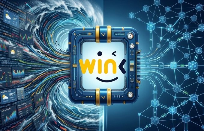 A central device displaying a smiling "WIN" emoji face, surrounded by swirling digital data streams and blockchain network graphics.