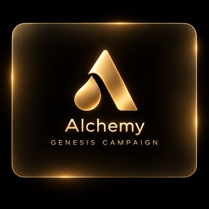 A luxurious gold and black logo design for 'Alchemy GENESIS CAMPAIGN' featuring a stylized 'A' with a droplet shape on a glowing rounded square background.