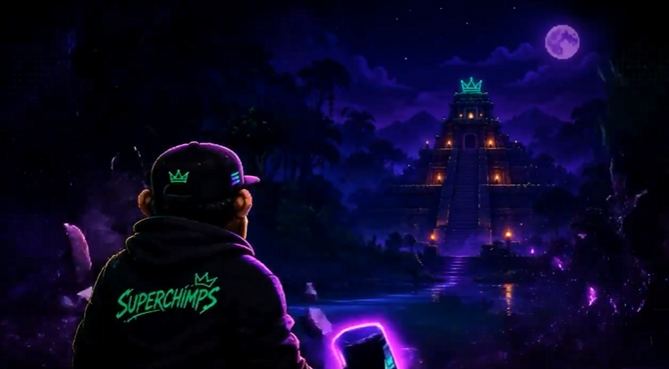 An illustrated image showing a figure in a hoodie and cap labeled "SUPERCHIMPS" gazing toward a glowing purple and gold Mayan-style pyramid under a full moon.