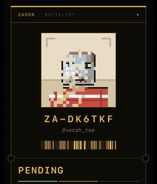 A digital whitelist interface displaying the code 'ZA-DK6TKF' with the handle '@verah_tee', showing a pixelated avatar and a 'PENDING' status at the bottom.