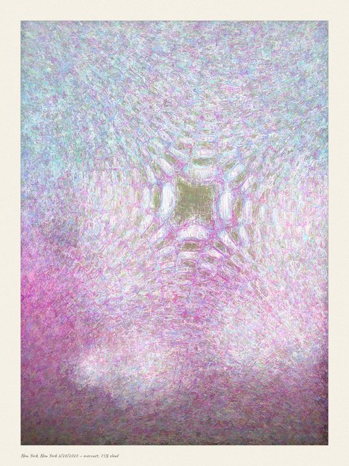 A textured abstract artwork with pastel pink, purple, and teal tones, labeled at the bottom 'New York, New York 2/20/2020 - nearsat, PVS cloud'.