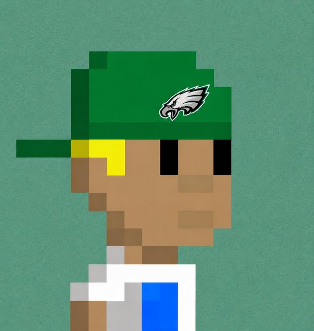 A pixel art character with brown skin wears a green Philadelphia Eagles hat, a white tank top, and a blue jersey against a green background.