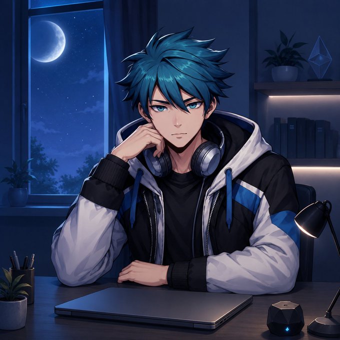 Anime-style illustration of a blue-haired boy with headphones around his neck sitting at a desk with a laptop, crescent moon visible through a window at night.