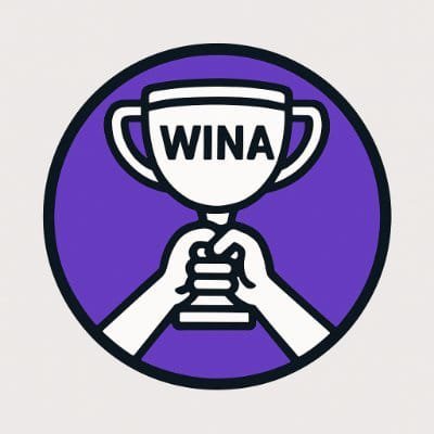 A stylized purple circular logo features an illustration of hands holding a trophy with the word 'WINA' written across its cup.