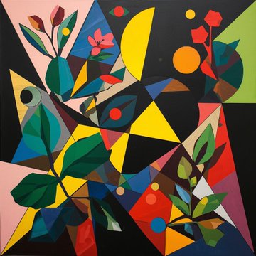 A colorful abstract painting featuring geometric shapes, including yellow triangles and circles, interspersed with stylized botanical elements like flowers and leaves in shades of pink, green, and red.