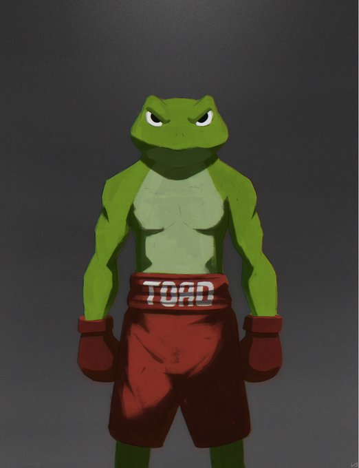 An illustration of an anthropomorphic green toad character wearing red boxing gloves and shorts with "TOAD" written on the waistband.