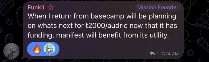A Discord message from 'Funkii' titled 'Mission Founder' discussing plans for t2000/audric after securing funding, sent at 7:24 AM with 1 reply.