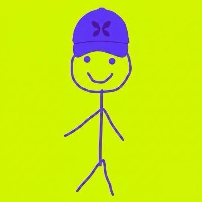 A simple purple stick figure with a smiling face wearing a purple baseball cap with an 'X' logo on a bright green background.