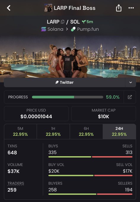 A cryptocurrency trading app screenshot showing 'LARP Final Boss' (LARP/SOL) token on Solana via Pump.fun with 59.0% bonding curve progress, market cap $10K, and +22.95% gains.