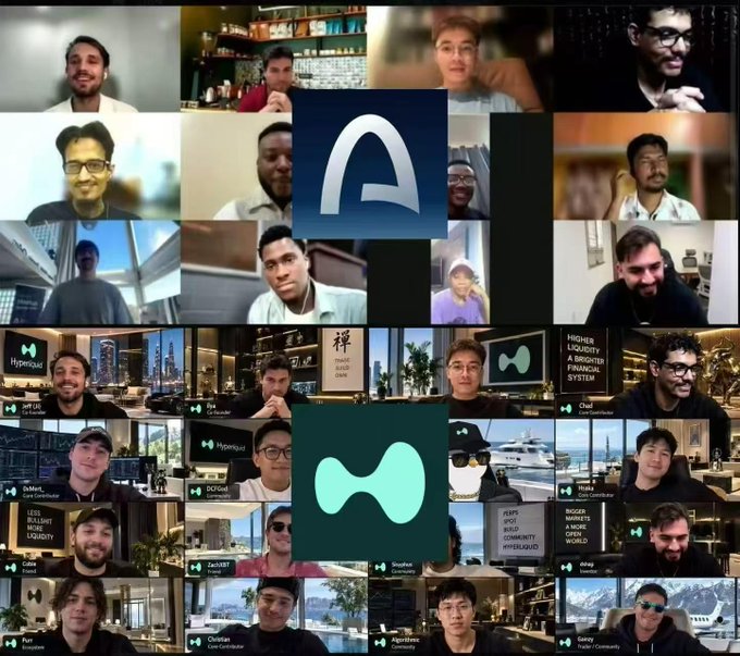 A Zoom-style video call grid showing multiple participants from Hyperliquid and its community, centered around the Hyperliquid logo, with various members in different home and office settings.