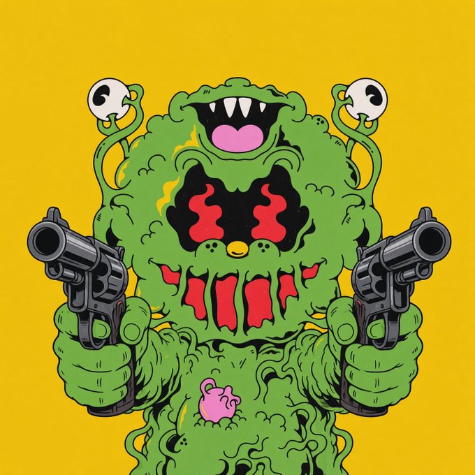 A cartoon illustration of a green blob-like monster with red glowing eyes, sharp teeth, two smaller eyes on stalks on top, holding two pistols, and a small pink creature emerging from its body, set against a yellow background.