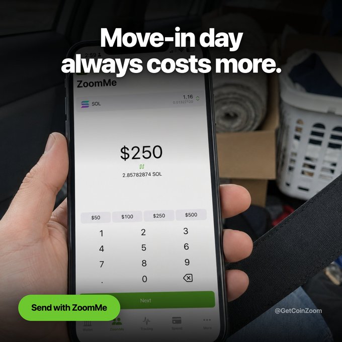 A hand holds a phone showing the 'ZoomMe' app with a $250 transfer of 2.85782874 SOL, overlaid with text 'Move-in day always costs more.'