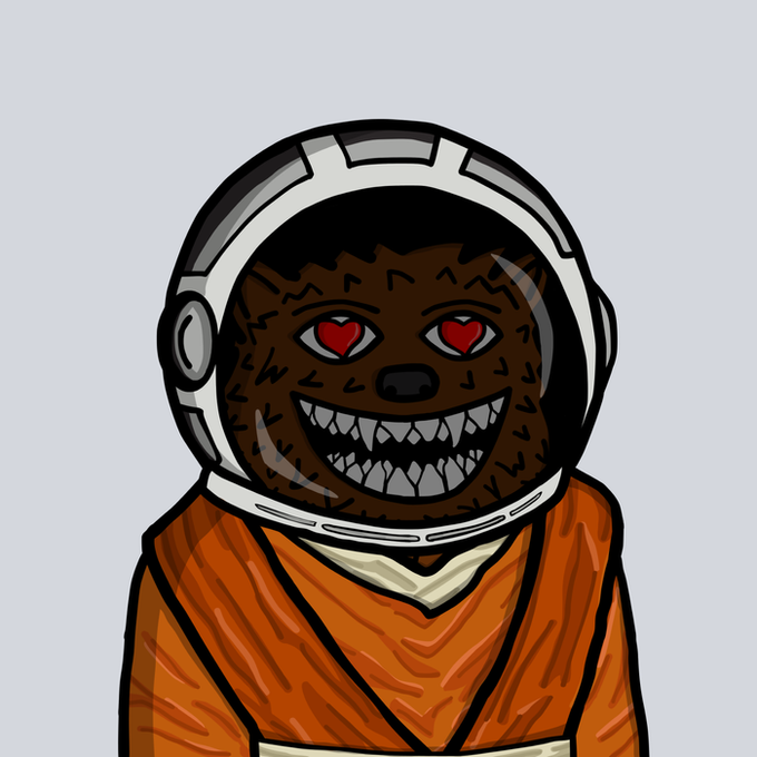 A cartoon illustration of a menacing, furry brown character in an orange spacesuit and white helmet, featuring sharp jagged teeth and red heart-shaped eyes.