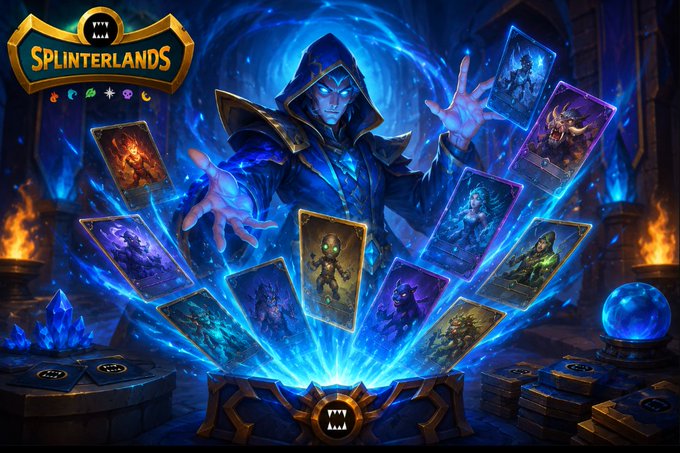 Digital artwork for the game 'SPLINTERLANDS' depicting a hooded blue-skinned wizard conjuring a fan of glowing collectible cards.