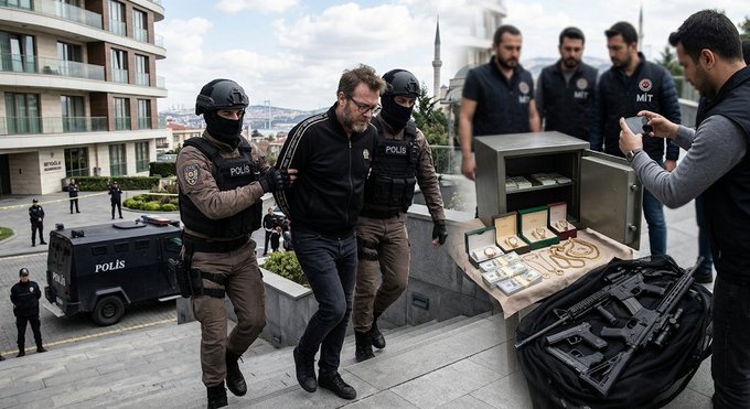 Turkish police and MIT intelligence agents escort a handcuffed man, alleged to be HEX and PulseChain founder Richard Heart, alongside displays of seized luxury goods and firearms following a joint raid in Istanbul.