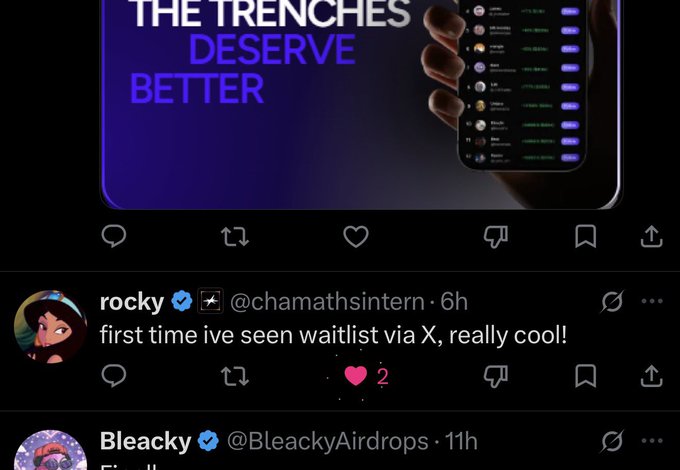 A Twitter/X post screenshot showing the text 'THE TRENCHES DESERVE BETTER' with a phone displaying an airdrop interface, commented on by user 'rocky @chamathsintern' saying 'first time ive seen waitlist via X, really cool!'.