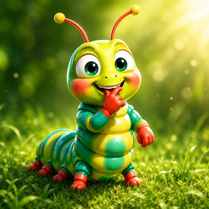 A 3D-rendered cartoon caterpillar character with a green and yellow striped body, big eyes, and antennae, sitting happily on grass.