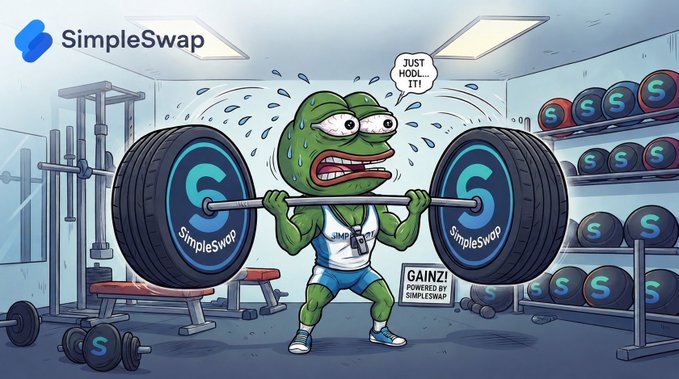 A cartoon Pepe the Frog character straining to lift a heavy barbell with SimpleSwap-branded weights in a gym, with a speech bubble reading 'JUST HODL... IT!' and a sign below reading 'GAINZ! POWERED BY SIMPLESWAP'. The SimpleSwap logo appears in the top left corner.