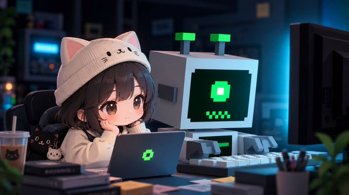 An anime-style illustration of a chibi girl wearing a white cat-ear beanie, sitting at a desk with a laptop and a robot companion featuring a green pixel screen.