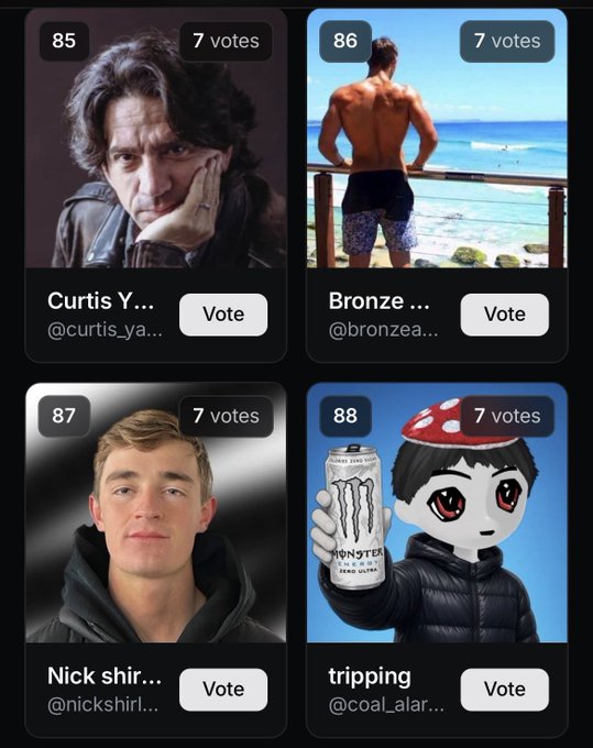 Voting interface showing four profile cards numbered 85-88 with usernames like 'Curtis Y...', 'Bronze ...', 'Nick shir...', and 'tripping', each with 'Vote' buttons.
