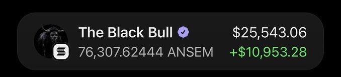The image shows a crypto portfolio tracker entry displaying "The Black Bull" with $25,543.06 in total value, including 76,307.62444 ANSEM and a gain of +$10,953.28. This appears to illustrate the type of substantial crypto gains that a $ANSEM giveaway, as promoted in the accompanying post, could help participants potentially achieve.