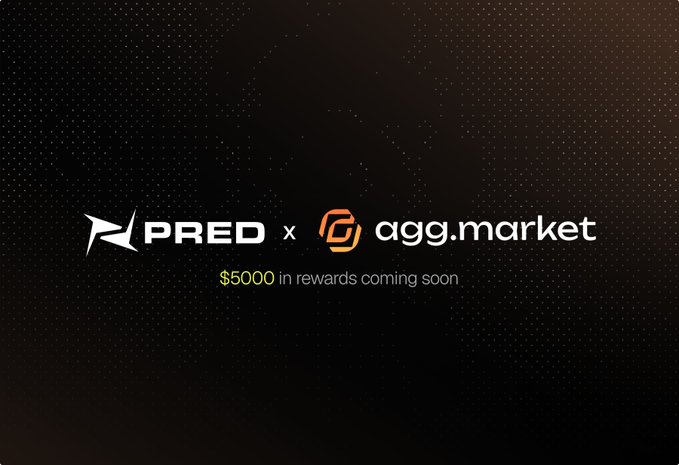 A dark promotional graphic displays 'PRED x agg.market' with the text '$5000 in rewards coming soon' against a black background.