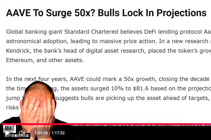 A news article headlined "AAVE To Surge 50x? Bulls Lock In Projections" cites Standard Chartered's prediction of a 50x growth in AAVE over four years, with the token jumping 10% to $81.6, while a man in the thumbnail facepalms—visually conveying frustration with overly optimistic price targets, matching the post's critique of unrealistic bullish projections.