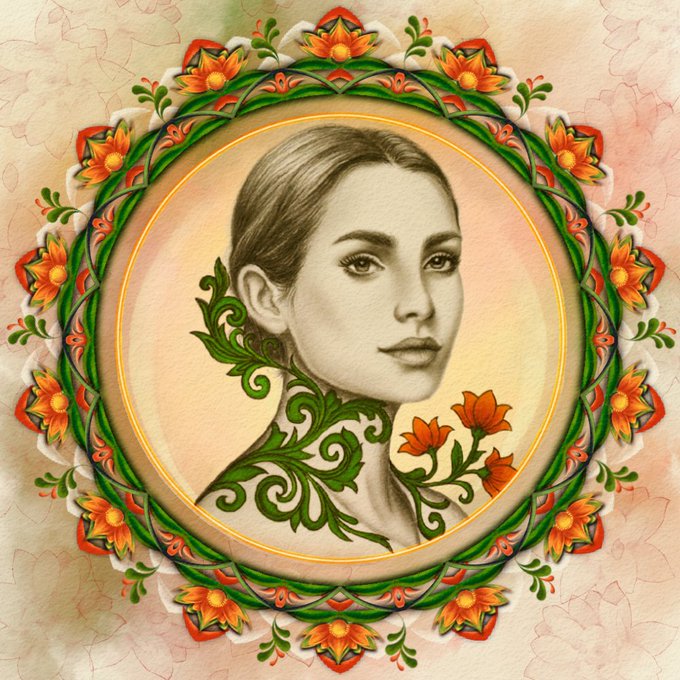 An ornate decorative portrait illustration of a young woman with brown hair, framed by an elaborate mandala-style border of green vines and red-orange flowers, with floral botanical tattoos adorning her shoulder and chest.