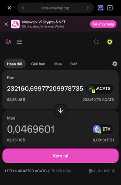 A screenshot of the Uniswap interface (app.uniswap.org) showing a crypto wallet with 232,160.699772099787835 ACATS (82.88 US$) and 0.0469601 Mua (82.26 US$).