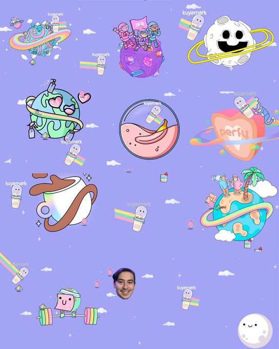 A purple background wallpaper featuring various pastel-colored cartoon characters, planets, and a person's face labeled 'kuymark'.