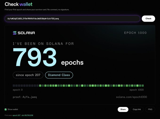 A Checkwallet result card displays "I'VE BEEN ON SOLANA FOR 793 epochs" with a "Diamond Class" badge for wallet AyYa...Jaeq at epoch 1000, matching the post's claim of surviving 793 epochs and achieving Diamond Class status on Solana.