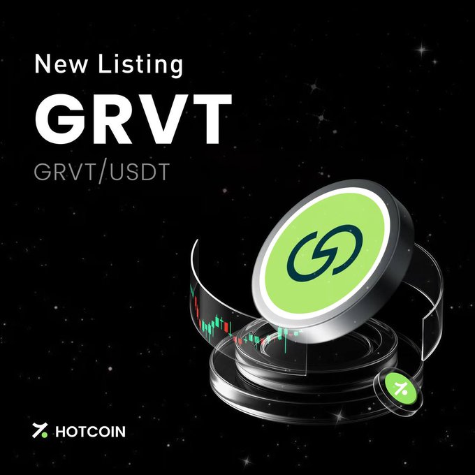 A promotional graphic for a new 'GRVT' listing on 'HOTCOIN', showing a green coin with a logo orbiting on a metallic stand against a starry black background, with 'GRVT/USDT' text.