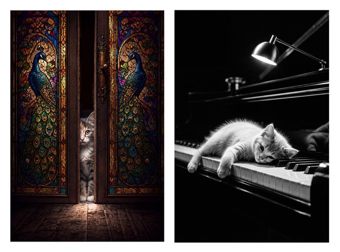 The image showcases two artistic photographs: on the left, a kitten peeks through ornate stained glass doors featuring peacock designs ("Yoko"), and on the right, a kitten rests on piano keys illuminated by a desk lamp ("Pebbles"). Both pieces were sold to collectors who supported stray cats, as celebrated in the accompanying post.