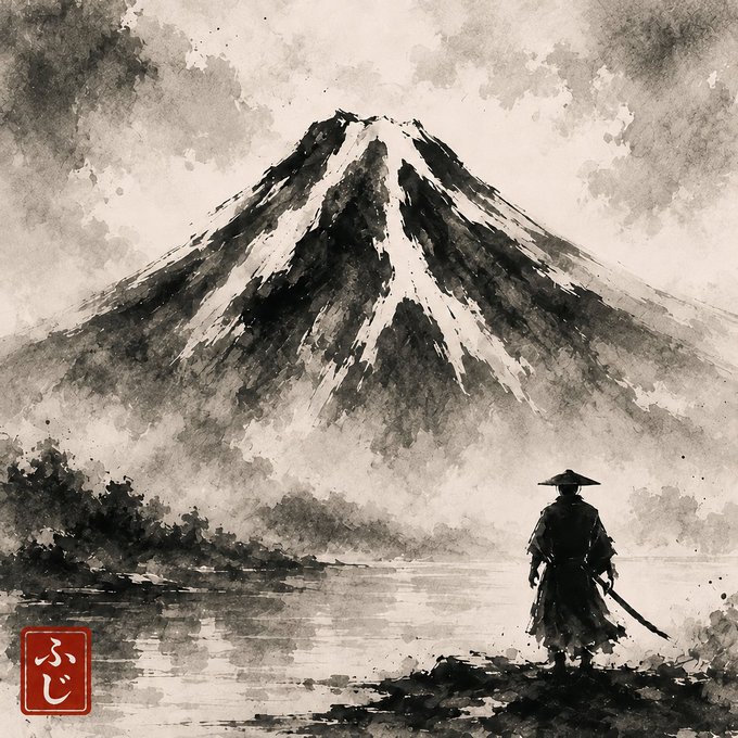 A black and white sumi-e ink painting depicting a samurai in traditional dress standing before a snow-capped Mount Fuji, with a red Japanese seal in the bottom left corner.