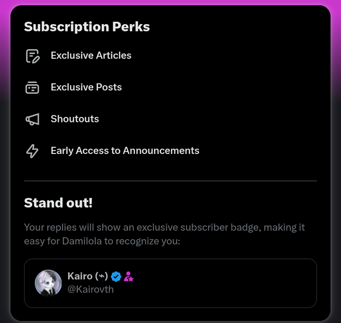 A screenshot listing 'Subscription Perks' including Exclusive Articles, Exclusive Posts, Shoutouts, and Early Access to Announcements, along with a subscriber profile for 'Kairo' (@Kairovth).