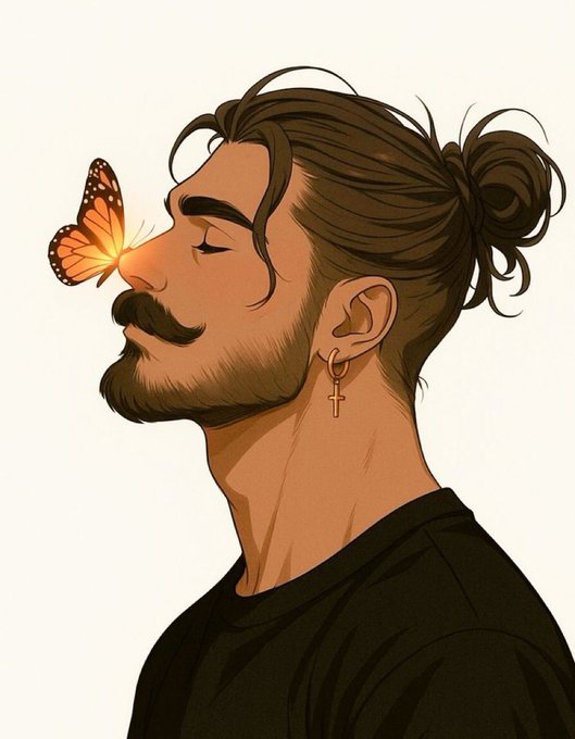 A digital illustration shows a side profile of a man with a man bun, beard, and a cross earring, with a glowing orange butterfly perched on his nose.