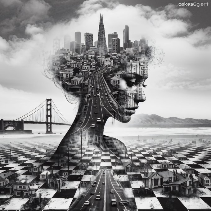 Black and white surreal double-exposure artwork signed 'cakes6q.art' depicting a woman's profile merged with the San Francisco skyline, the Golden Gate Bridge, a highway, and a checkerboard suburban neighborhood.