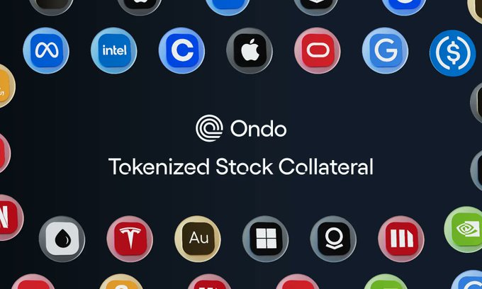 The image displays the Ondo logo prominently in the center with the text "Tokenized Stock Collateral," surrounded by colorful app-style icons representing major companies and cryptocurrencies, including Meta, Intel, Coinbase, Apple, YouTube, Google, USDC, Tesla, Microsoft, NVIDIA, and AMD. The visual ties directly to the post by showcasing Ondo's RWA collateral innovation, illustrating the wide range of tokenized real-world assets (stocks, commodities, crypto) that power their new Ondo Perps derivatives venue.