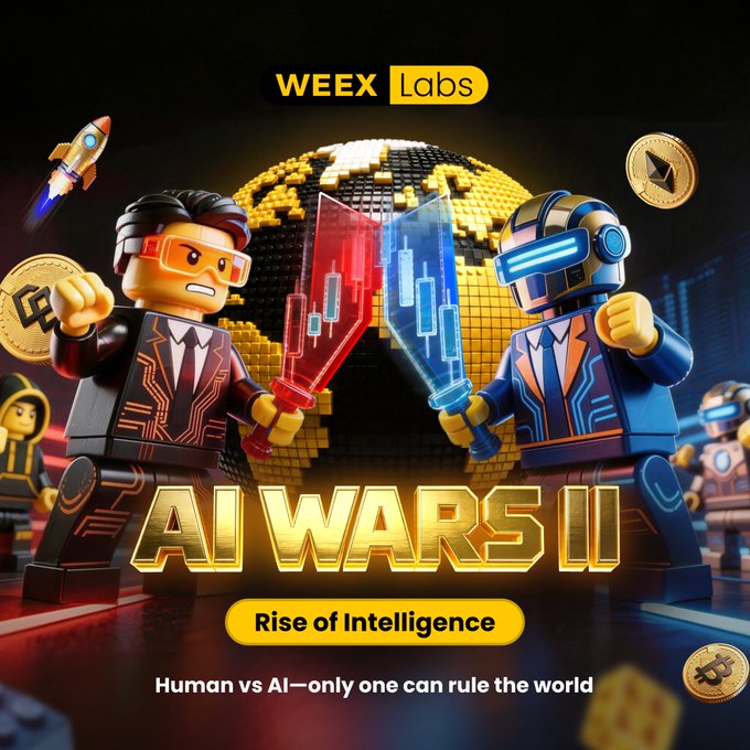 The image is a vibrant promotional graphic for "WEEX Labs: AI Wars II - Rise of Intelligence," featuring LEGO-style figures of a businessman and a robot warrior clashing with glowing swords against a backdrop of a digital globe, with Bitcoin coins floating around. The tagline "Human vs AI—only one can rule the world" ties directly into the accompanying post announcing the live trading competition where Team Human and Team AI compete for a 100,000 USDT prize pool based on PnL%.