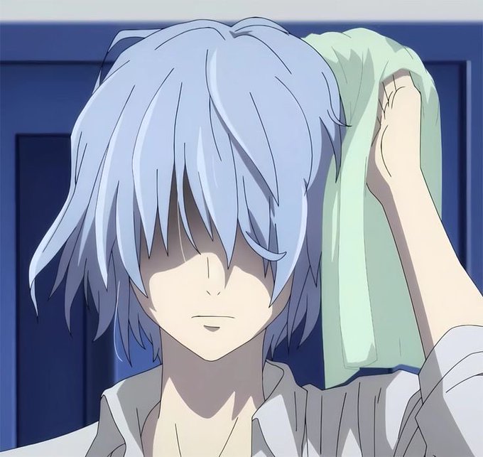 An anime character with light blue hair holding a green towel to their head, with their eyes obscured by their hair.