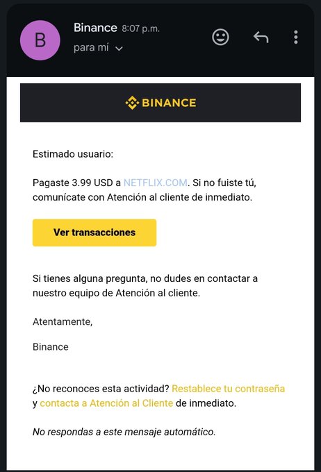 Screenshot of a suspicious Binance email in Spanish claiming a $3.99 USD charge at NETFLIX.COM and urging the user to verify transactions.