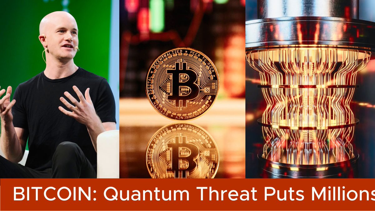 The image features a collage of three photos, with one photo showing a man giving a speech at an event, another photo featuring two gold Bitcoins, and the third photo depicting a machine or device related to Bitcoin transactions. The text overlaying the images reads "Bitcoin: Quantum Threats Put Millions At Risk", indicating that there is a looming threat from quantum computing in relation to Bitcoin.